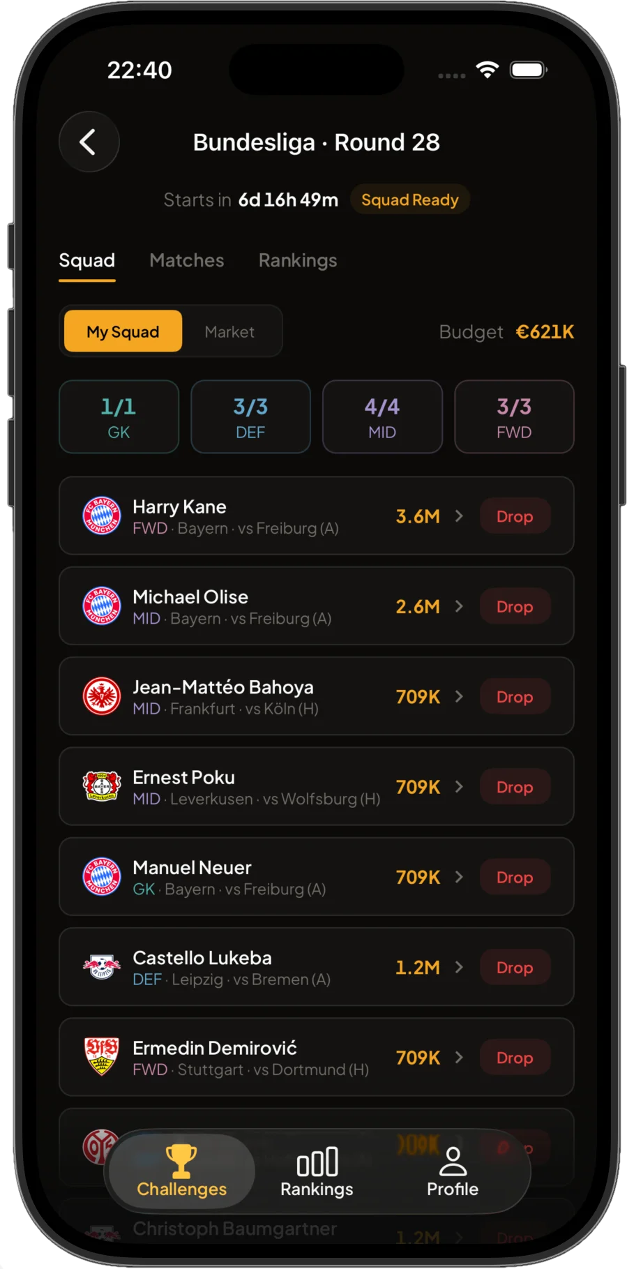 Baller Manager App: Kader-Ansicht für Bundesliga Runde 28
